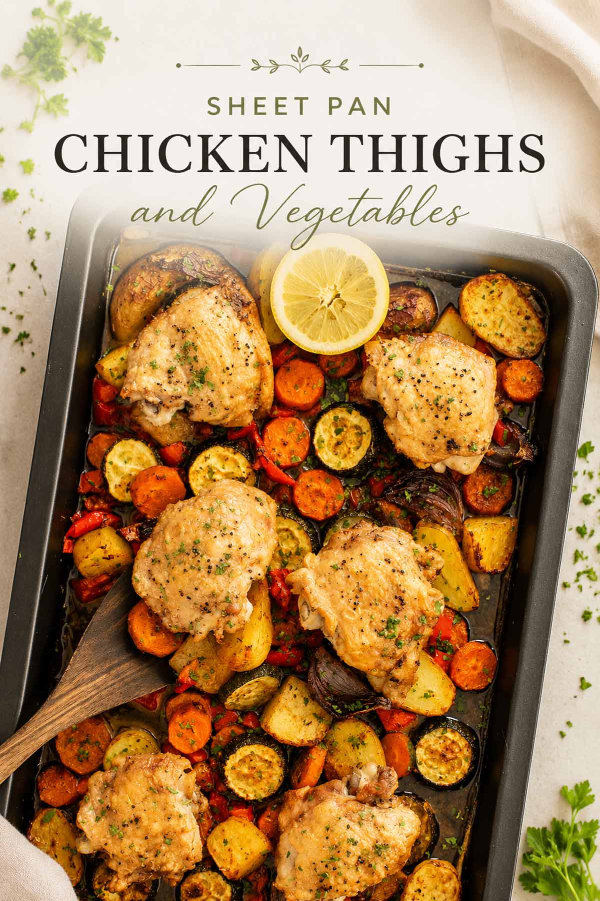 Overhead view of 6 roasted chicken thighs on a full sheet pan with baby potatoes, carrots, zucchini, red bell pepper, red onion, a halved lemon, and fresh parsley.