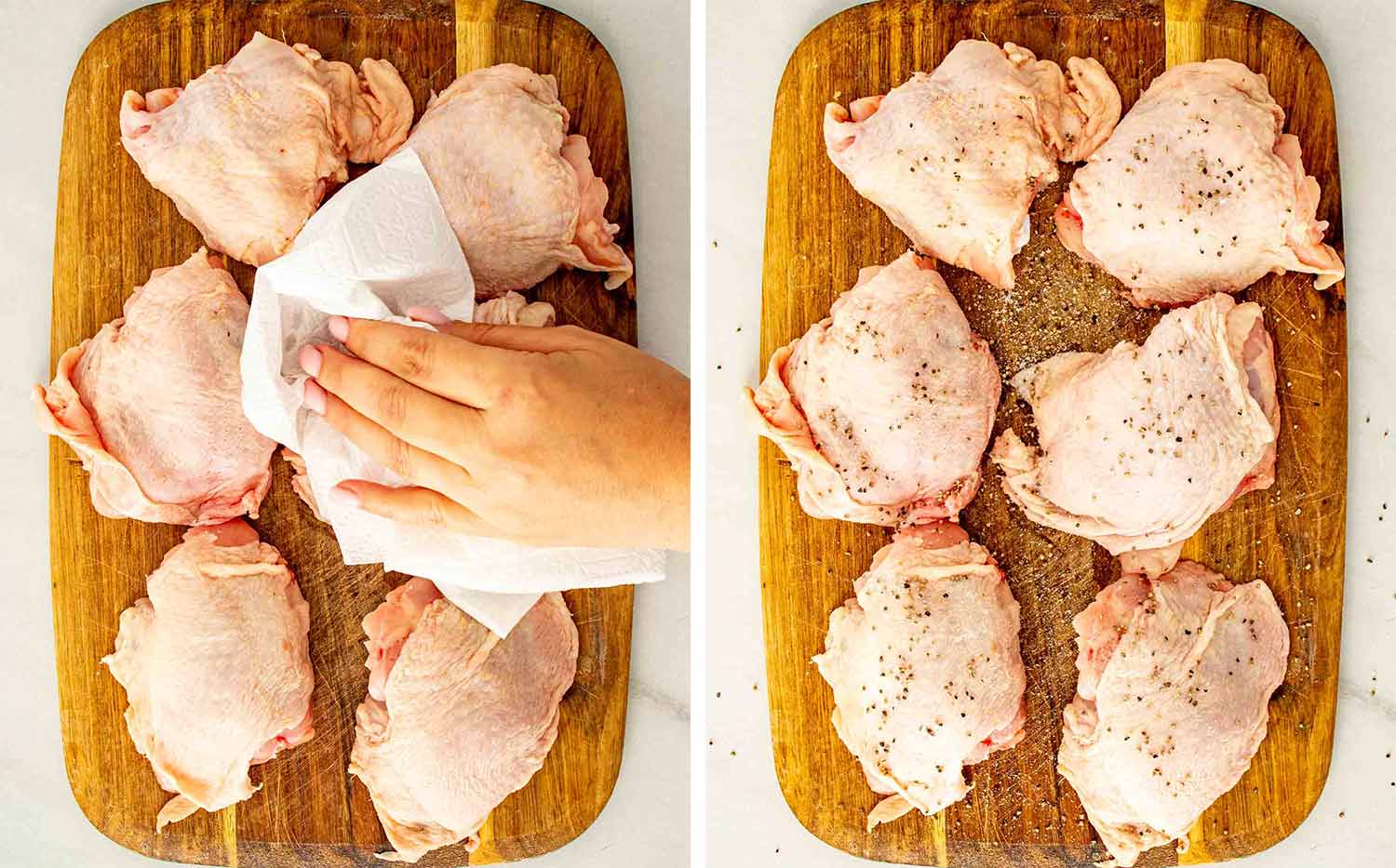 Side by side overhead view of raw bone in chicken thighs being patted dry with paper towels on a wood cutting board on the left and seasoned with salt and pepper on the right.