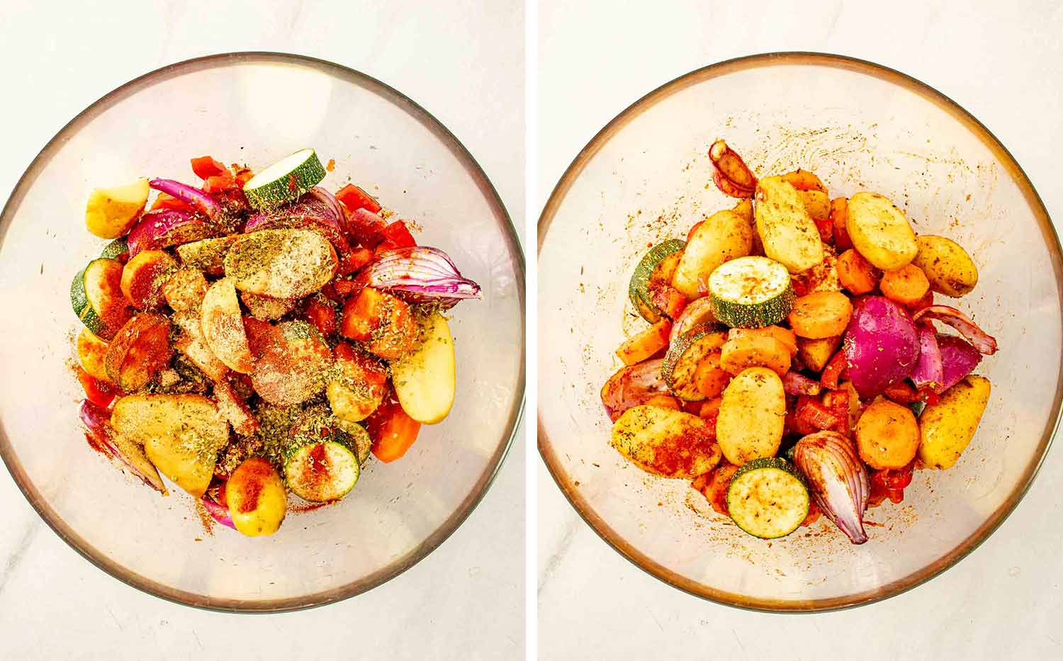 Side by side overhead view of chopped vegetables with dry spices sprinkled on top in a glass bowl on the left and fully tossed and evenly coated in seasoning on the right.