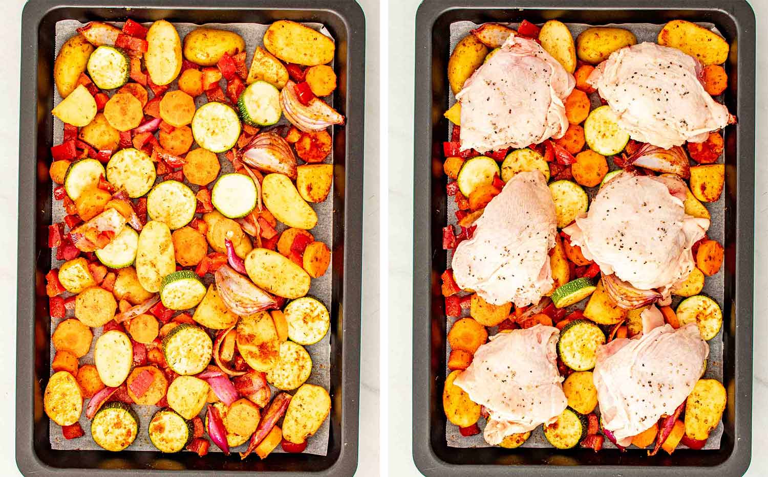 ide by side overhead view of seasoned vegetables spread in a single layer on a sheet pan on the left and raw chicken thighs placed on top ready to roast on the right.