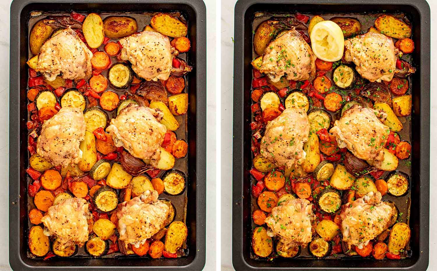 Side by side overhead view of sheet pan chicken thighs and vegetables just out of the oven on the left and finished with lemon and fresh parsley on the right.