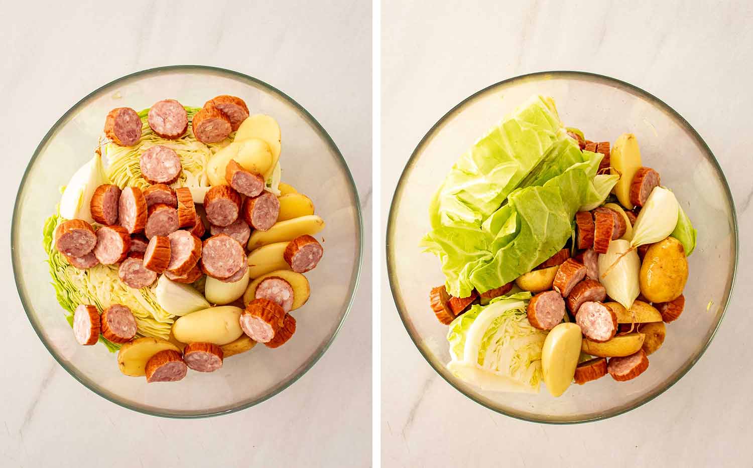 process shots showing how to make sheet pan sausage and cabbage.