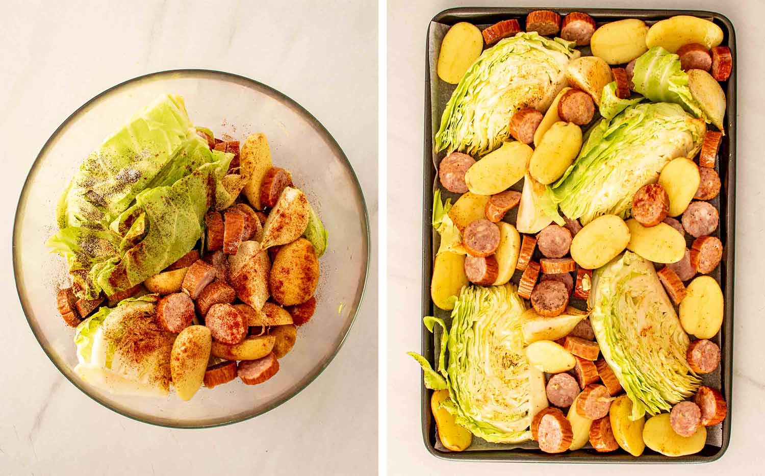process shots showing how to make sheet pan sausage and cabbage.