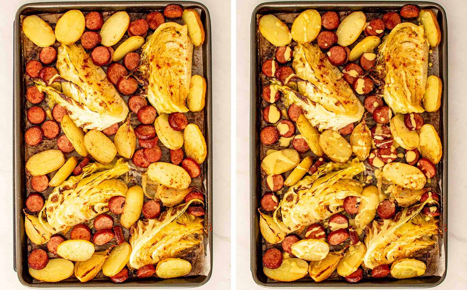 process shots showing how to make sheet pan sausage and cabbage.