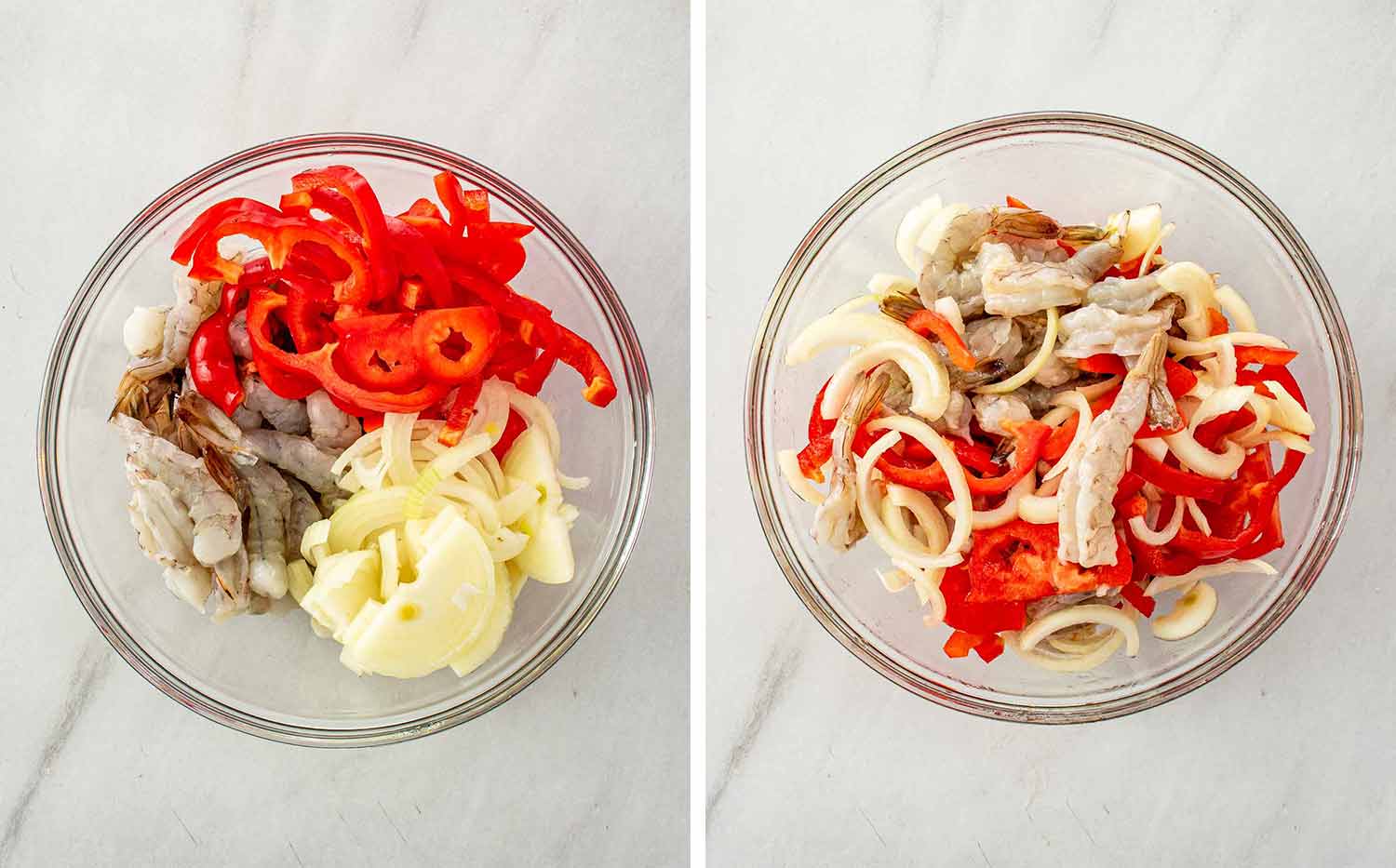 Overhead view of a glass bowl with raw shrimp, sliced red bell peppers, and onion separated before mixing on the left, then tossed together with olive oil and lime juice on the right.