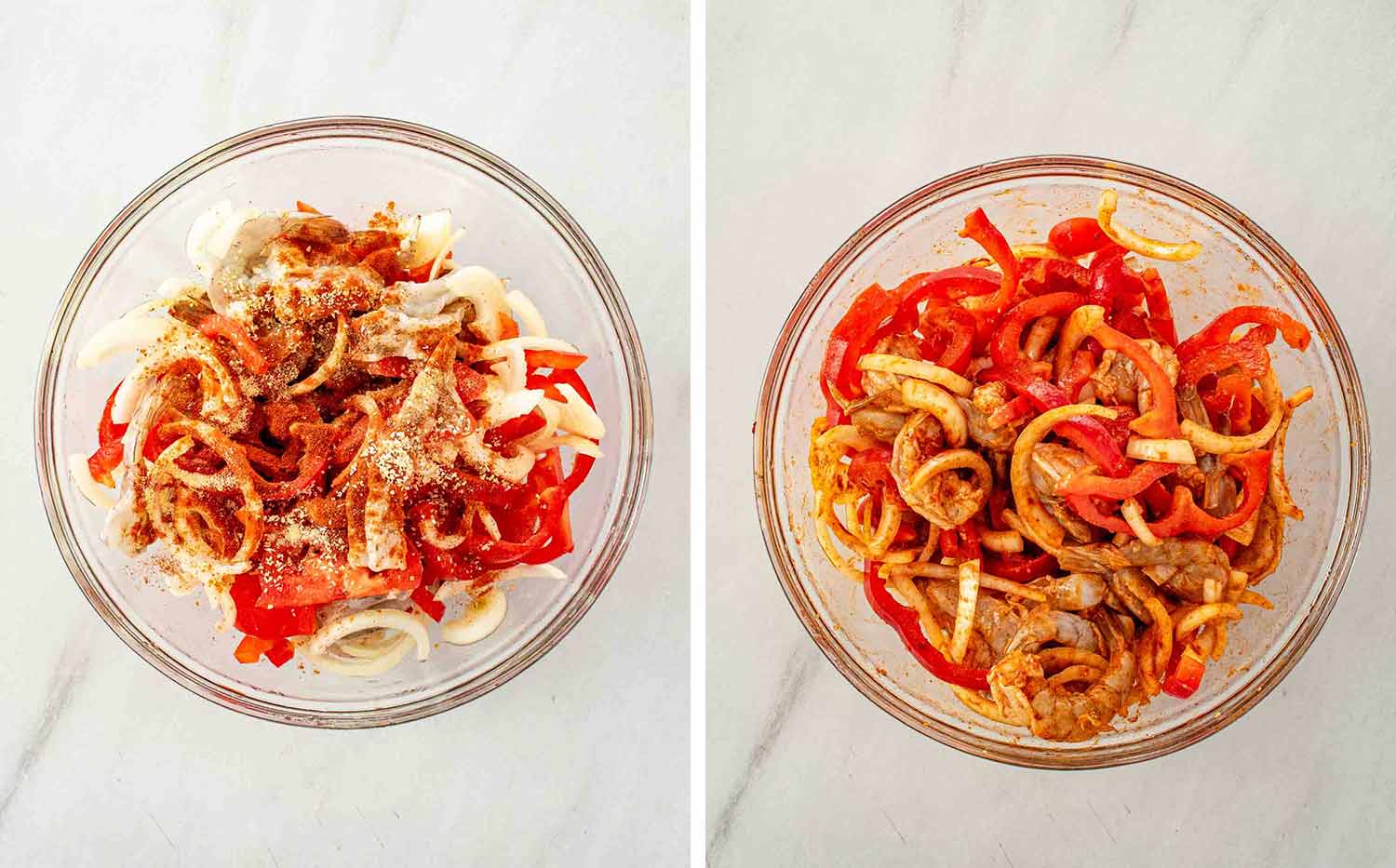 Overhead view of a glass bowl with shrimp, peppers, and onions with dry spices sprinkled on top on the left, then fully tossed and evenly coated in seasoning on the right.