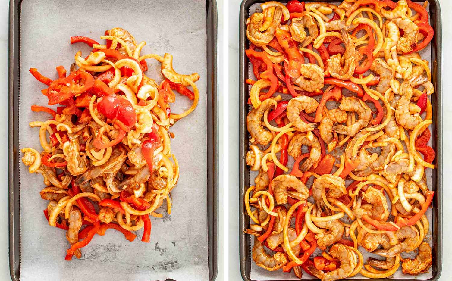 Side by side overhead view showing seasoned shrimp and peppers piled in the center of a sheet pan on the left, then spread into a single layer ready to bake on the right.