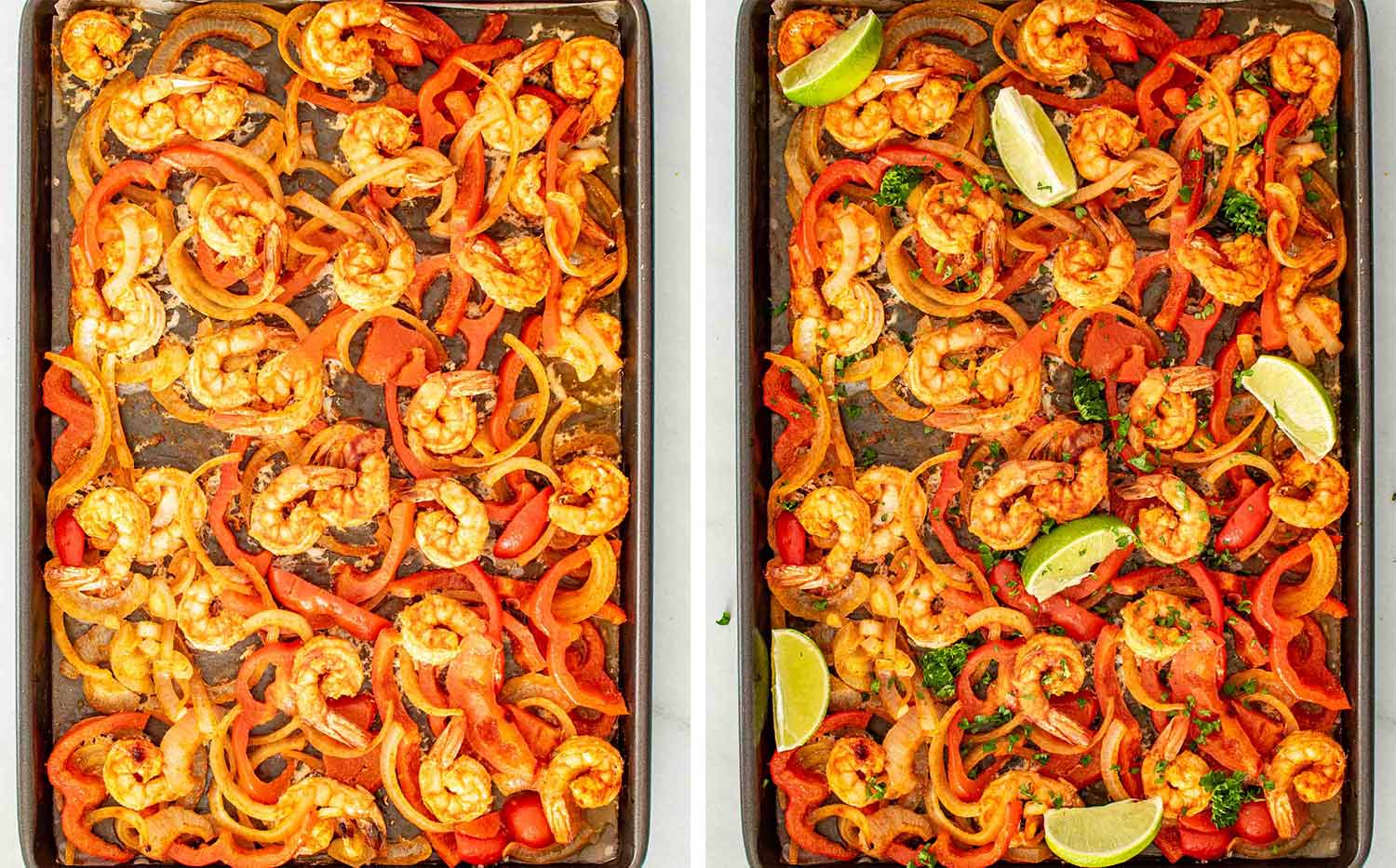 Side by side overhead view of sheet pan shrimp fajitas before and after garnishing with fresh parsley and lime wedges.