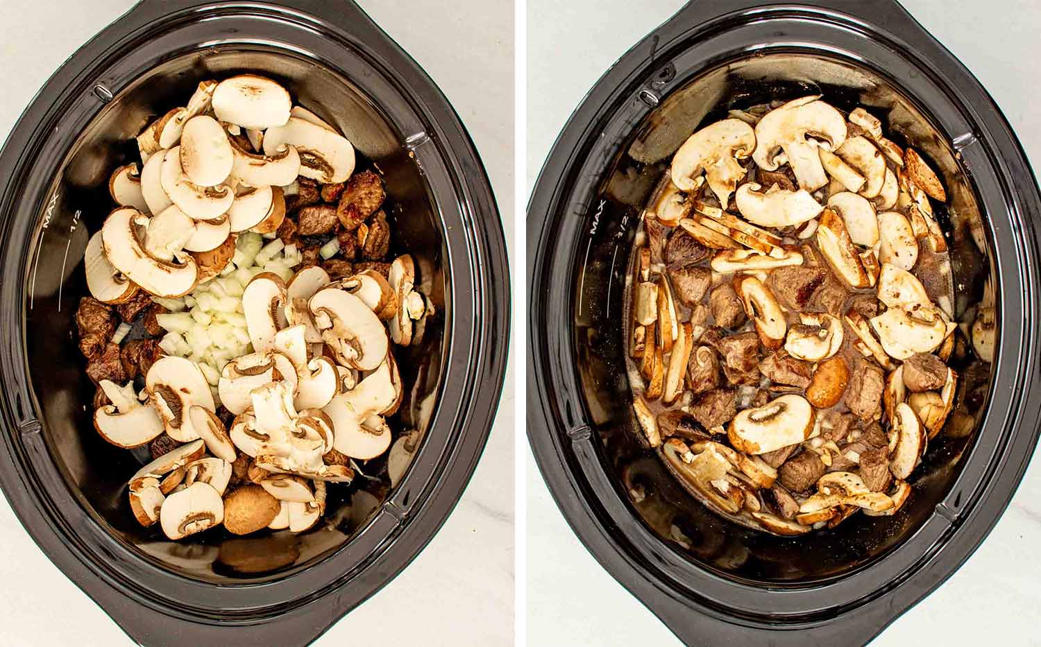 process shots showing how to make slow cooker beef with mushroom gravy.