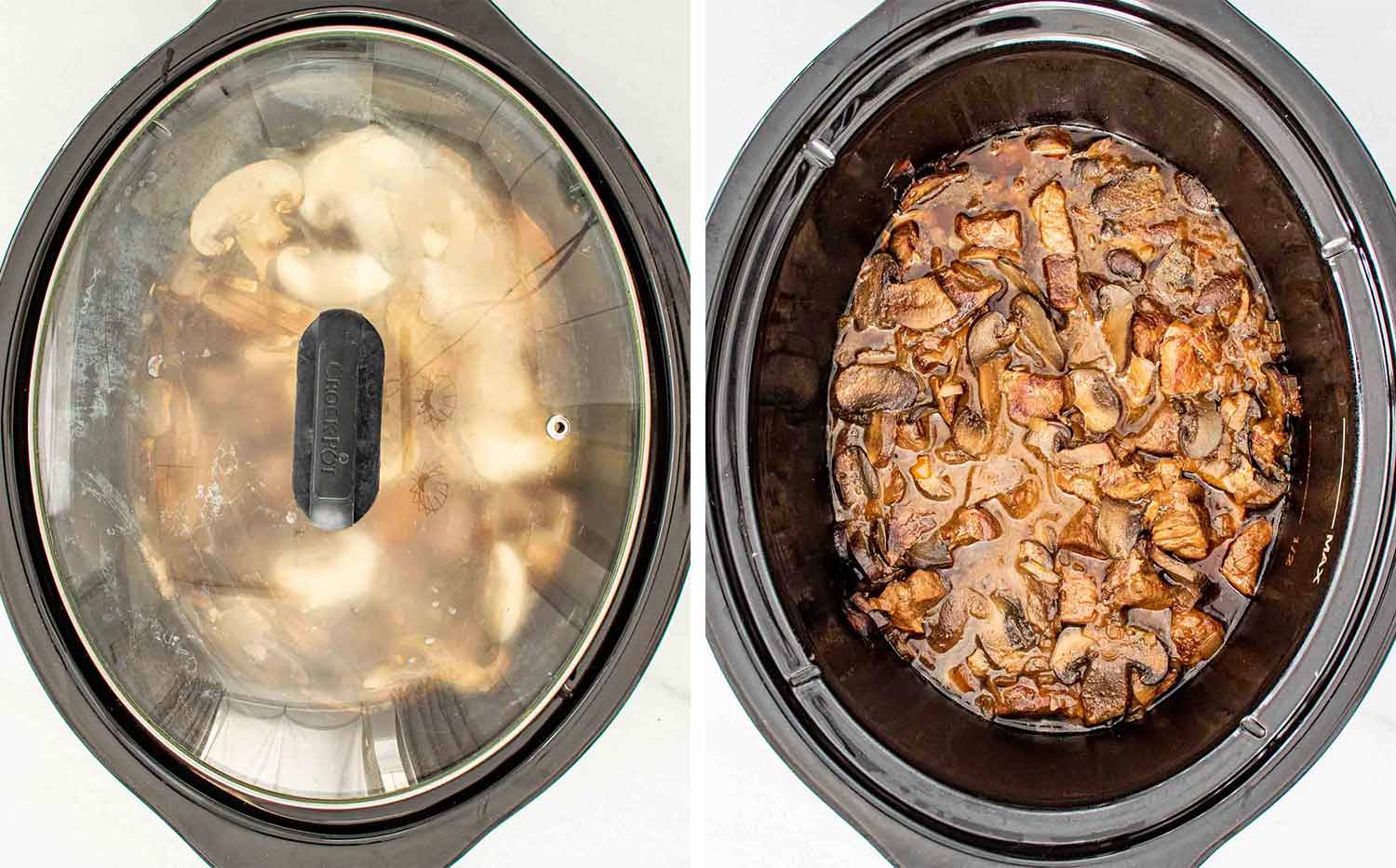 process shots showing how to make slow cooker beef with mushroom gravy.