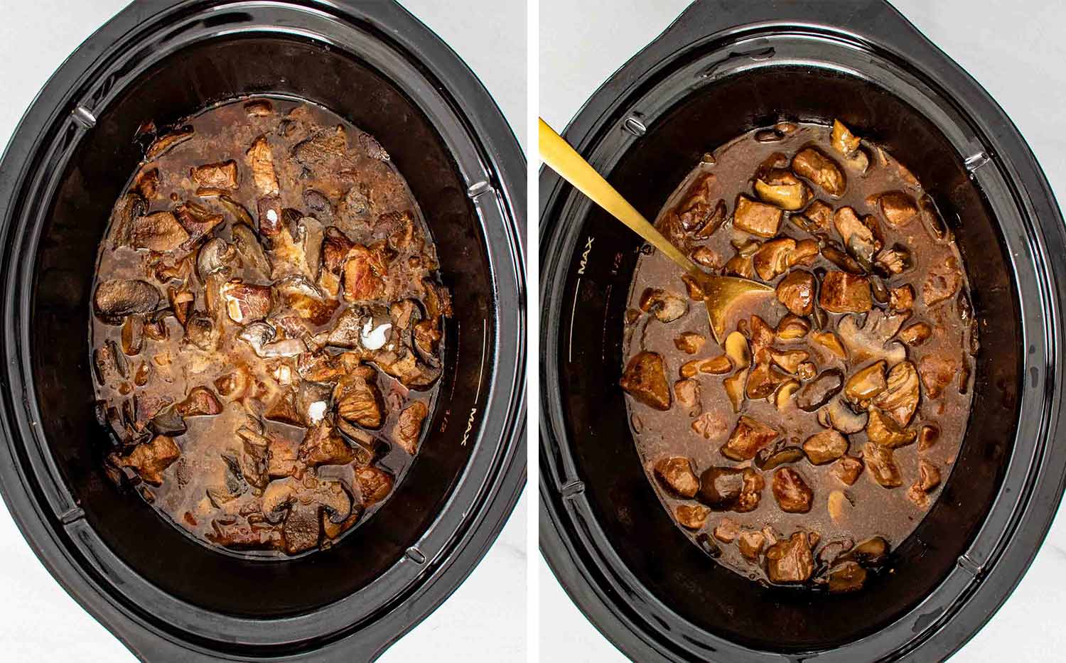 process shots showing how to make slow cooker beef with mushroom gravy.
