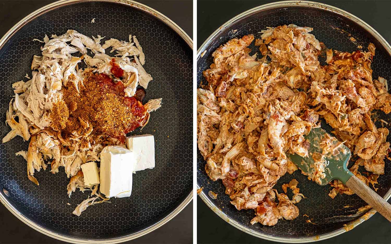 process shots showing how to make cheesy chicken tacos.
