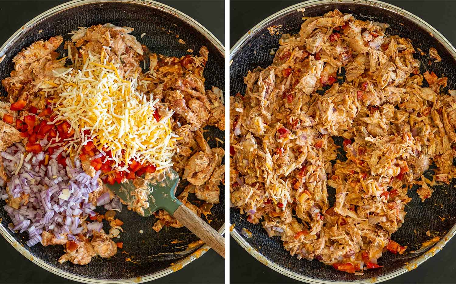 process shots showing how to make cheesy chicken tacos.