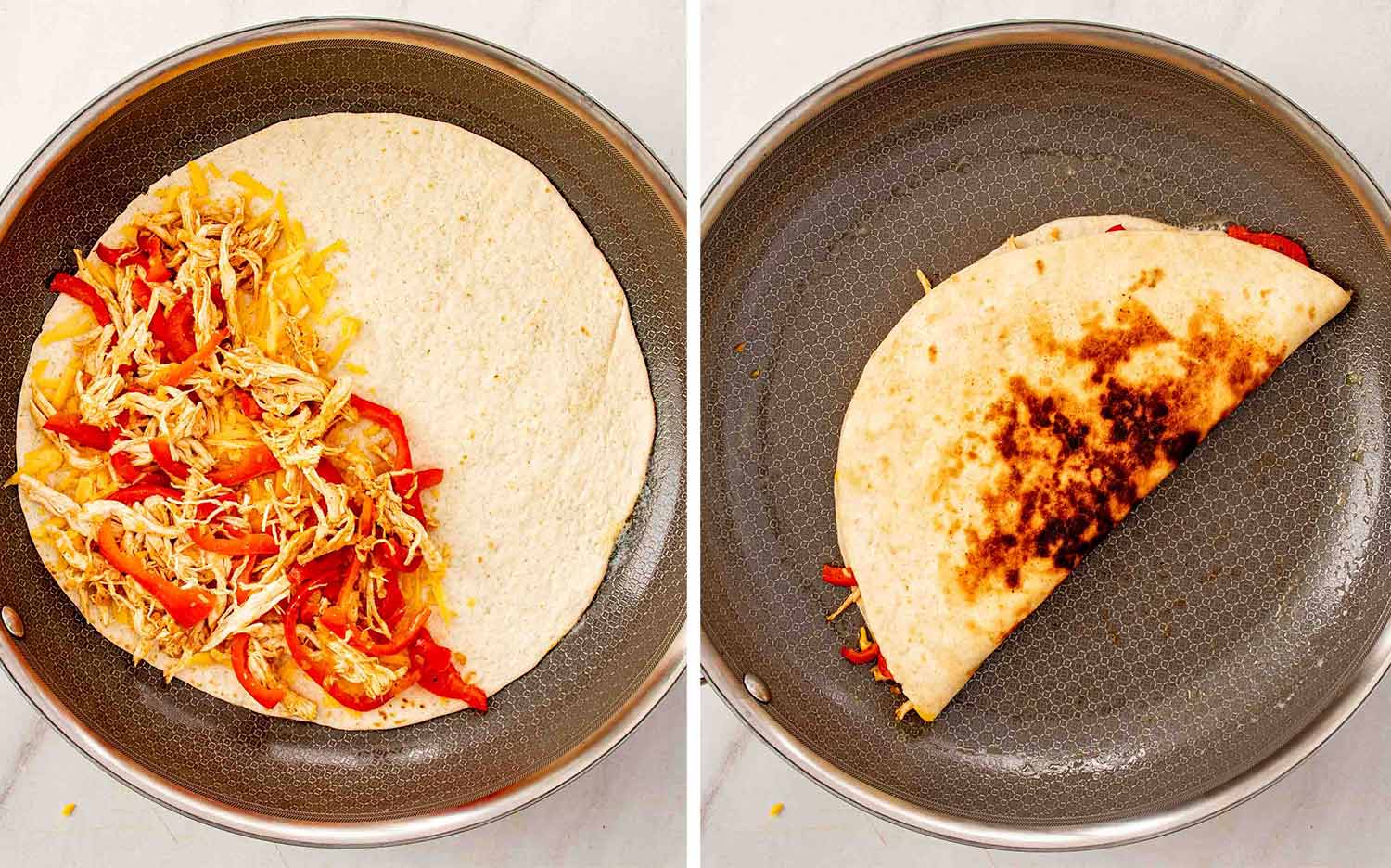 process shots showing how to make chicken quesadillas.