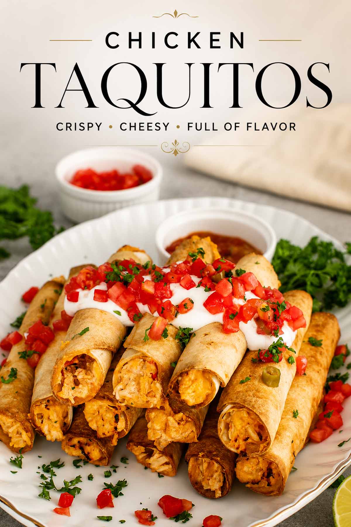 Pinterest graphic featuring crispy chicken taquitos topped with sour cream and pico de gallo with elegant recipe title overlay.