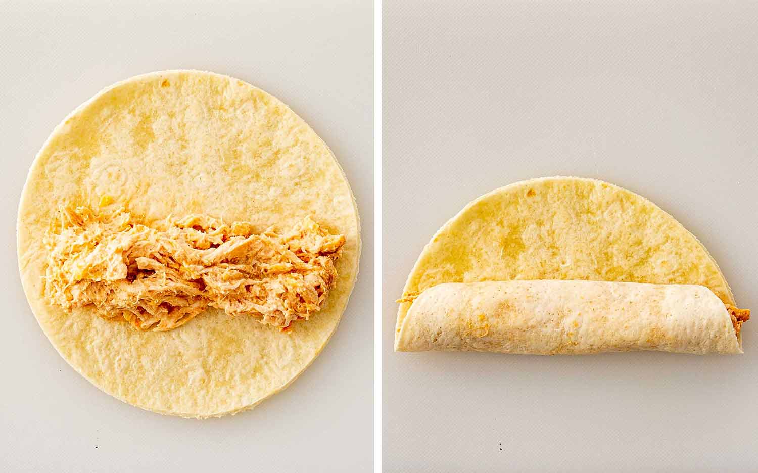 process shots showing how to make chicken taquitos.