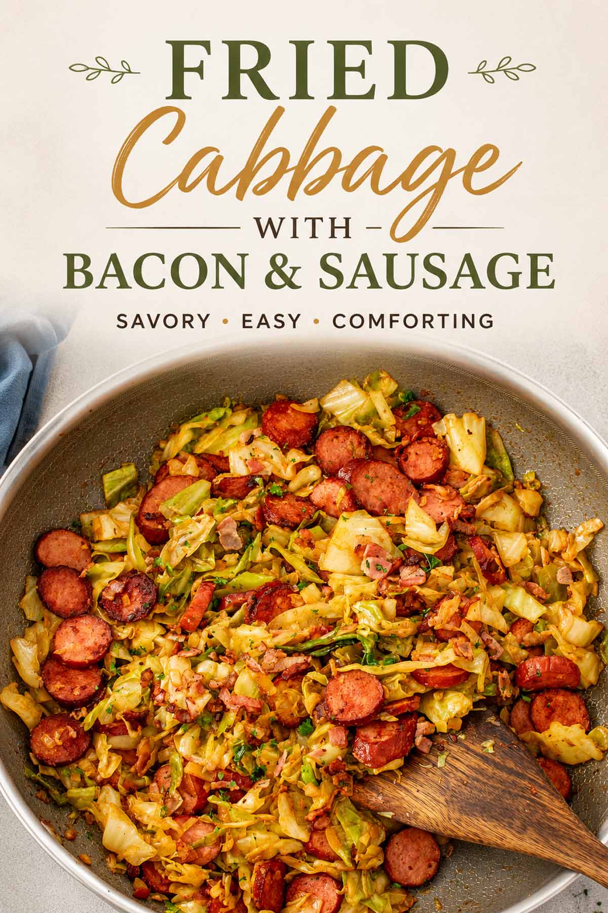 Pinterest graphic featuring fried cabbage with bacon and sausage in a skillet, elegant typography, and warm rustic styling.