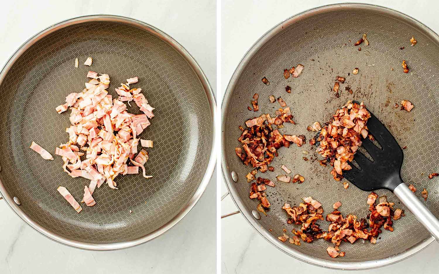 Chopped bacon cooking in a skillet until crispy, rendering flavorful drippings for the cabbage mixture.