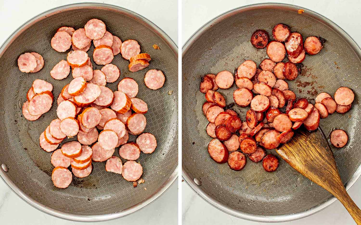 Smoked sausage slices browning in a skillet until caramelized and golden around the edges.