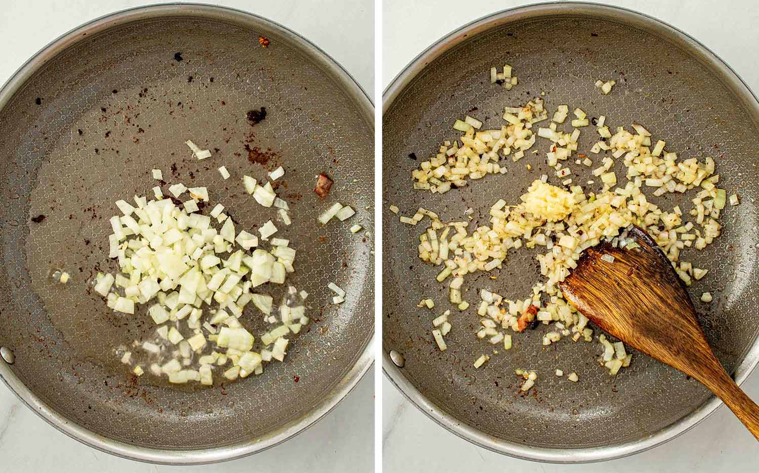 Diced onion and garlic saut&eacute;ing in bacon drippings until softened and fragrant in a large skillet.