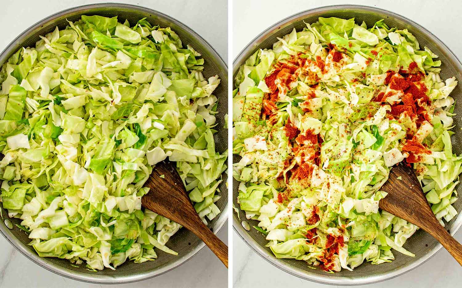Chopped cabbage added to skillet and seasoned with paprika before cooking down until tender and flavorful.