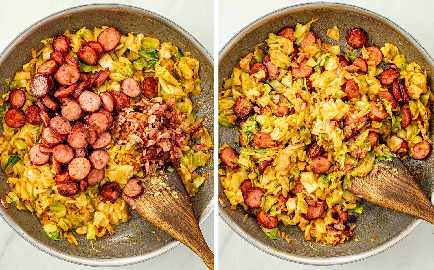 Cooked cabbage mixed with crispy bacon and browned sausage in a skillet before stirring everything together.