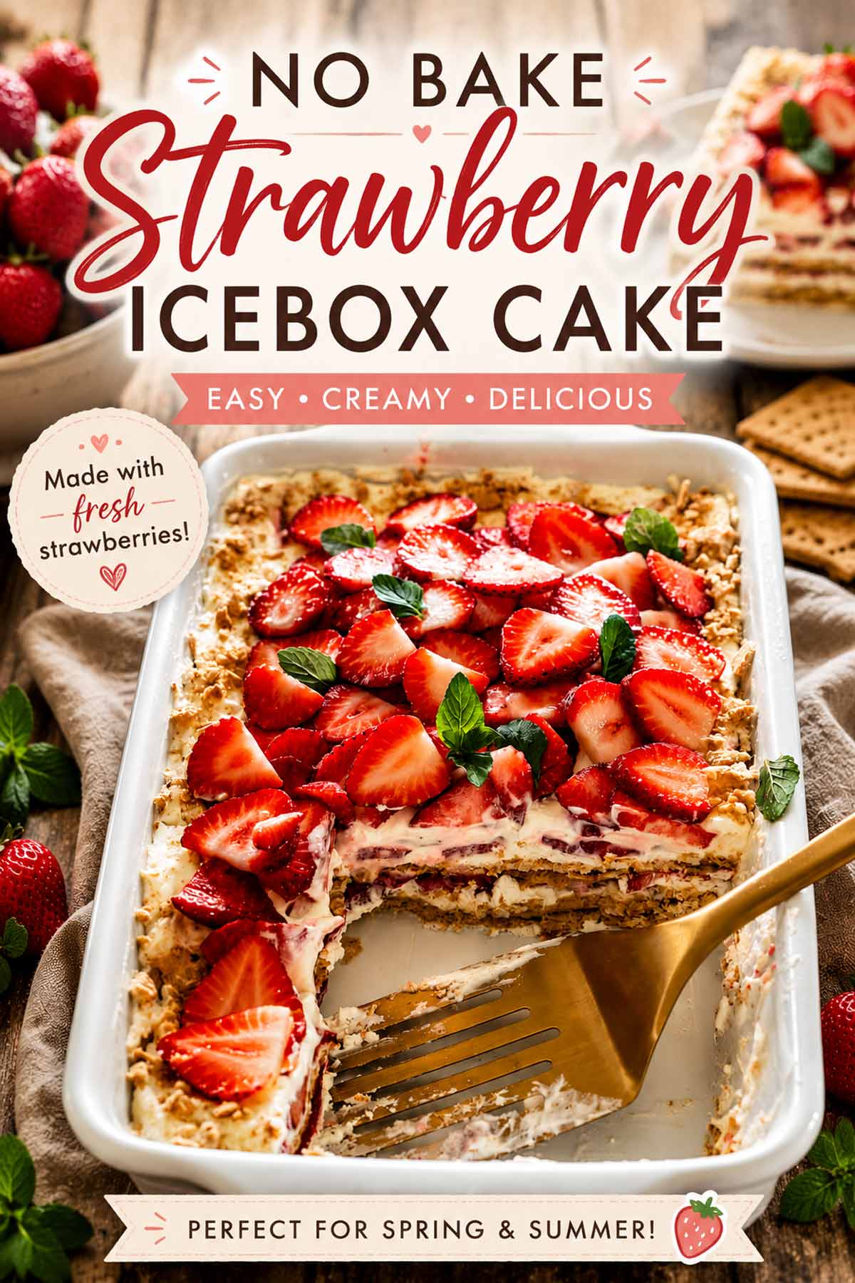 Elegant Pinterest graphic featuring creamy no bake strawberry icebox cake topped with fresh strawberries in rustic white baking dish.