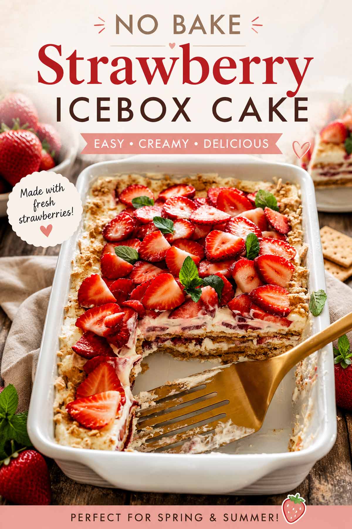 Elegant Pinterest graphic featuring creamy no bake strawberry icebox cake topped with fresh strawberries in rustic white baking dish.