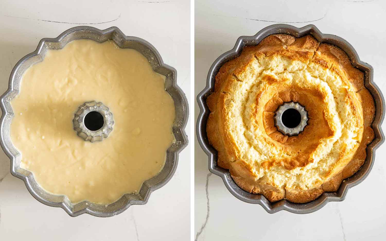 process shots showing how to make pineapple cream cheese pound cake.