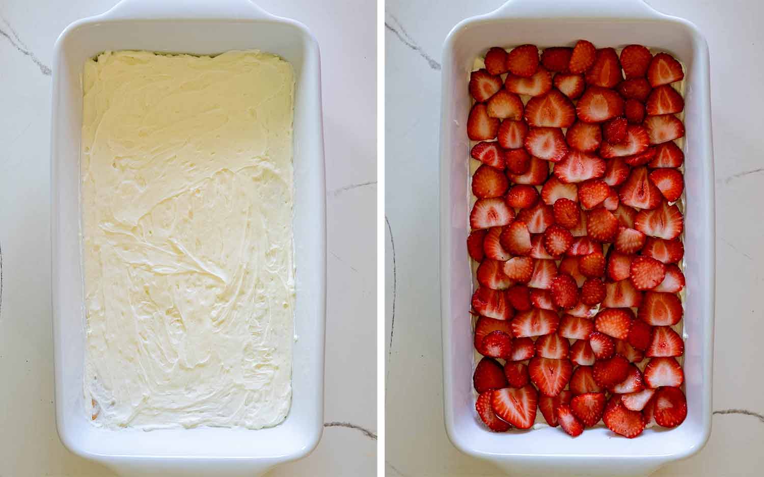 process shots showing how to make strawberry ice box cake.