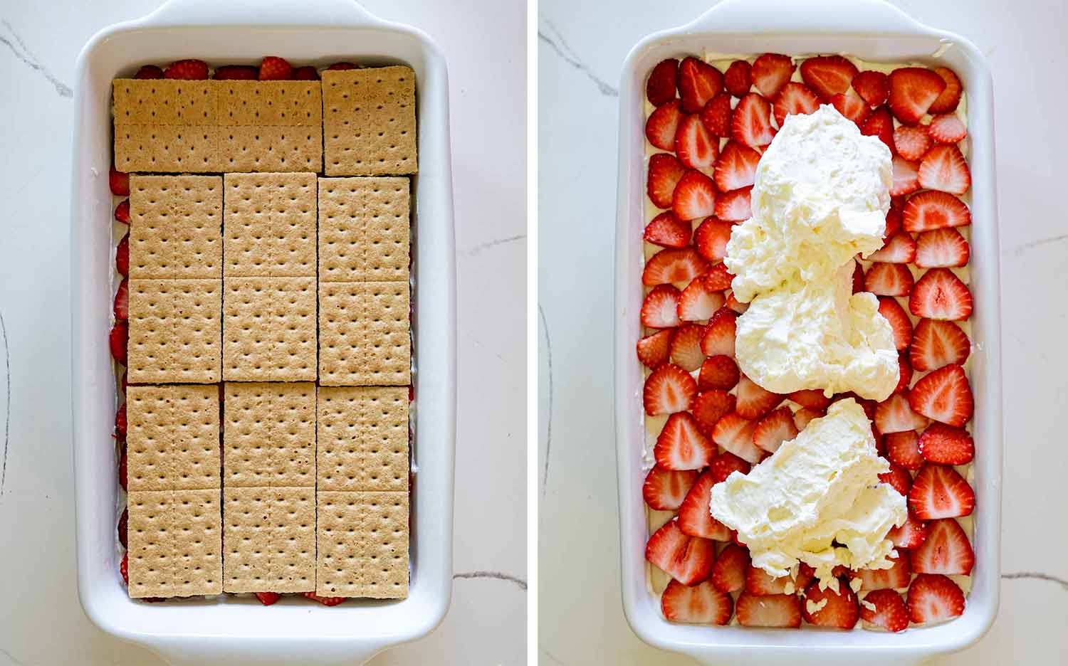process shots showing how to make strawberry ice box cake.