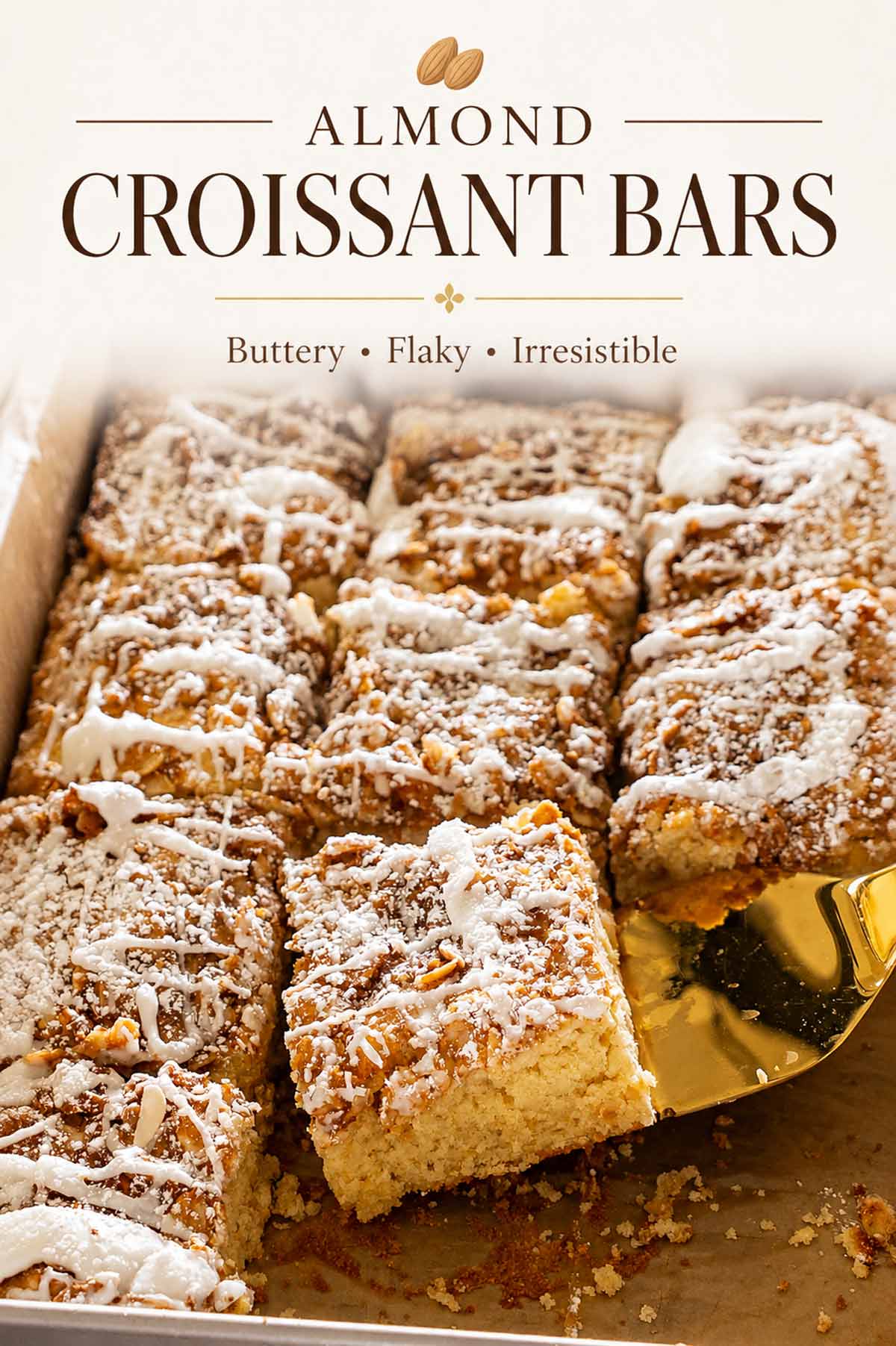 Elegant Pinterest graphic featuring buttery almond croissant bars with a simple text overlay and a close-up of the finished dessert.