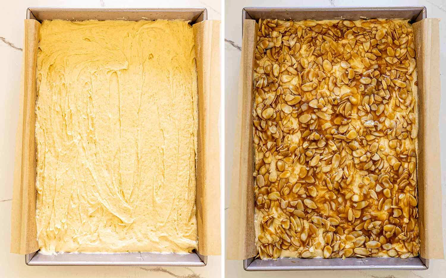 process shots showing how to make almond croissant bars.