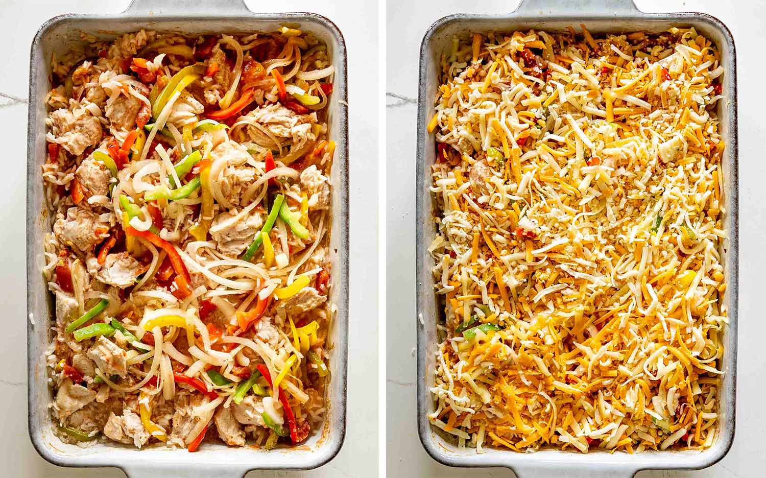 process shots showing how to make chicken fajita casserole.