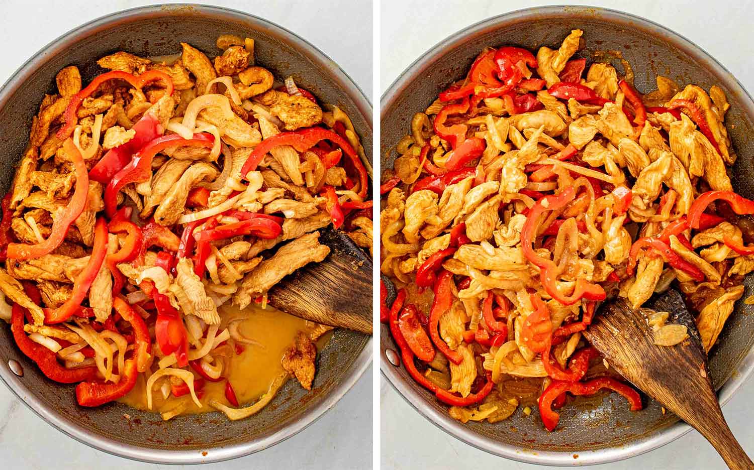 process shots showing how to make restaurant style chicken fajitas.