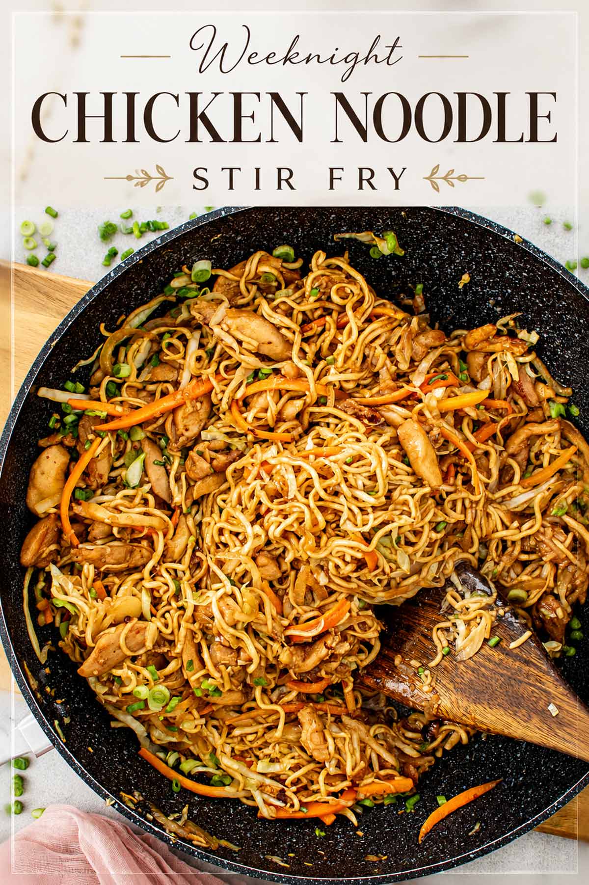 Elegant Pinterest graphic featuring a skillet of weeknight chicken noodle stir fry with stylish title overlay and vibrant homemade noodles.