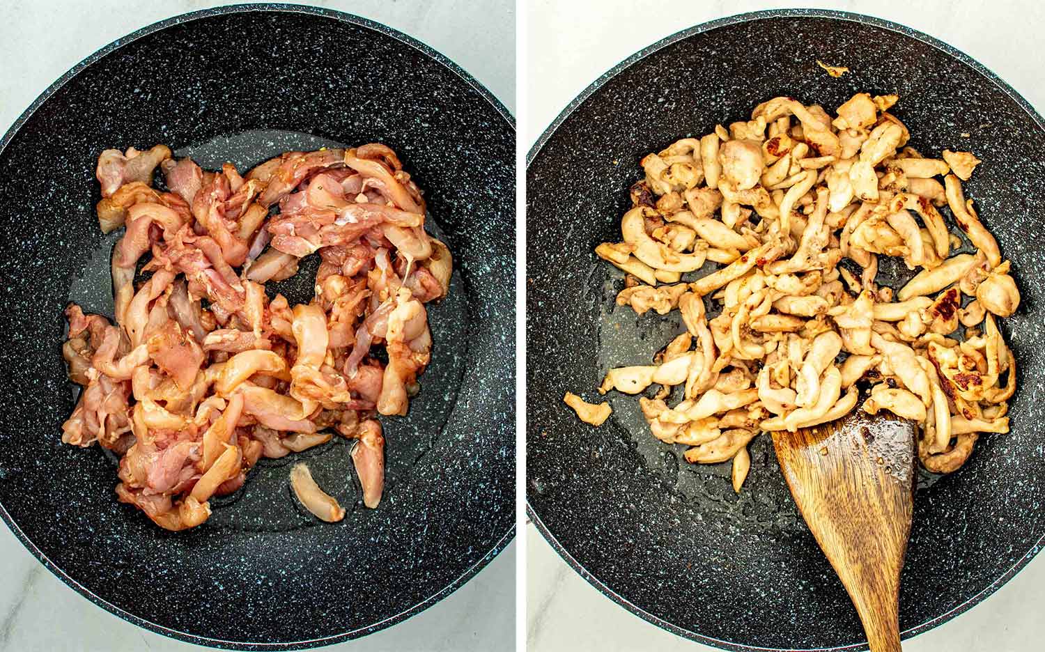 process shots showing how to make weeknight chicken noodle stir fry.