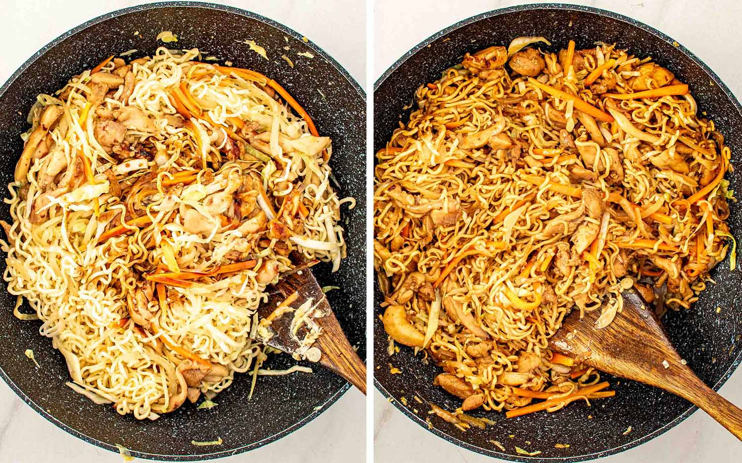 process shots showing how to make weeknight chicken noodle stir fry.