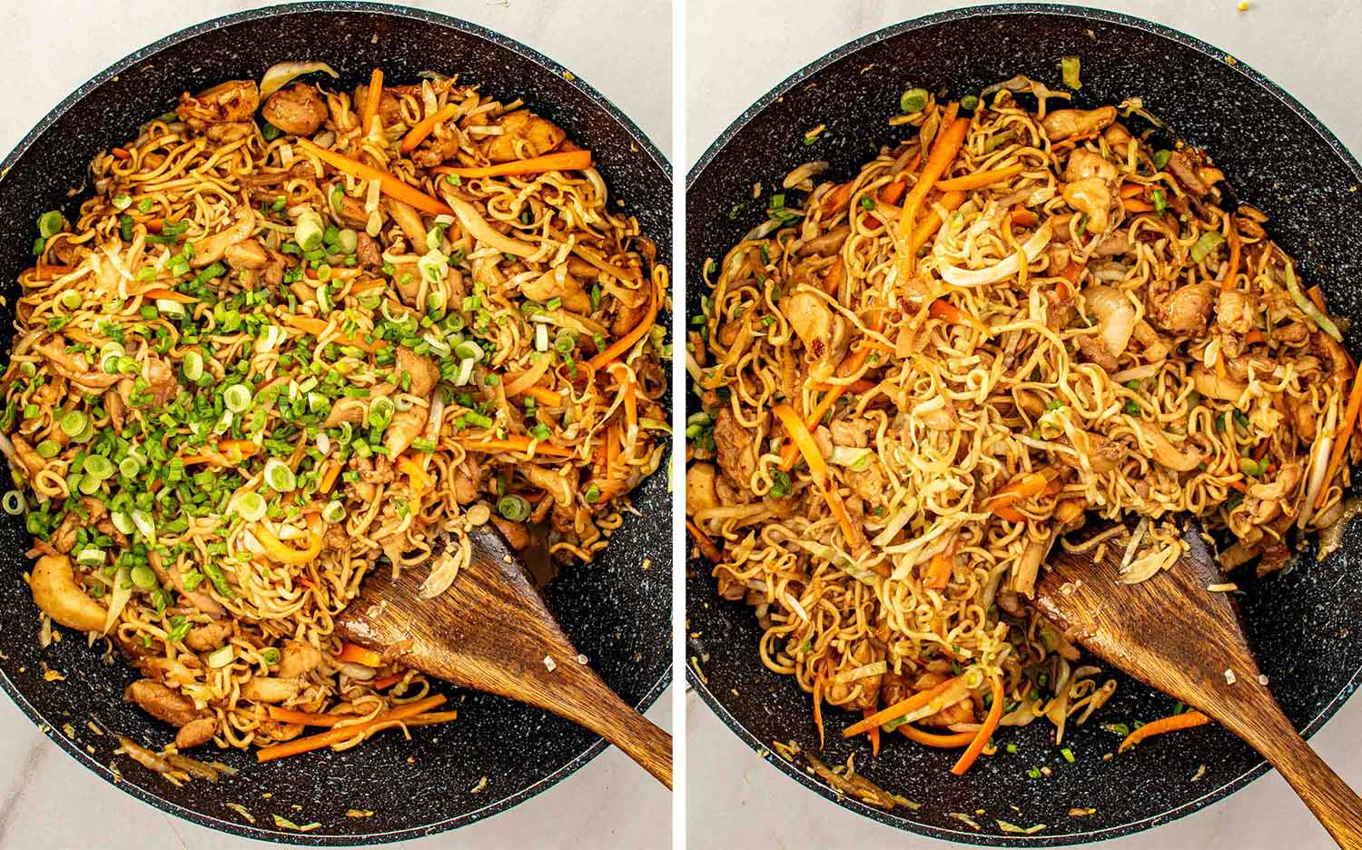 process shots showing how to make weeknight chicken noodle stir fry.