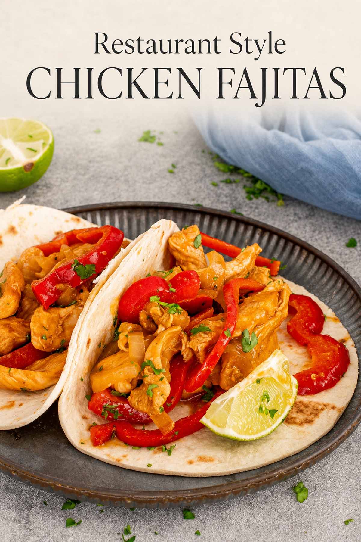 Pinterest image features restaurant style chicken fajitas with seasoned chicken, red peppers, onions, warm tortillas, and fresh lime.
