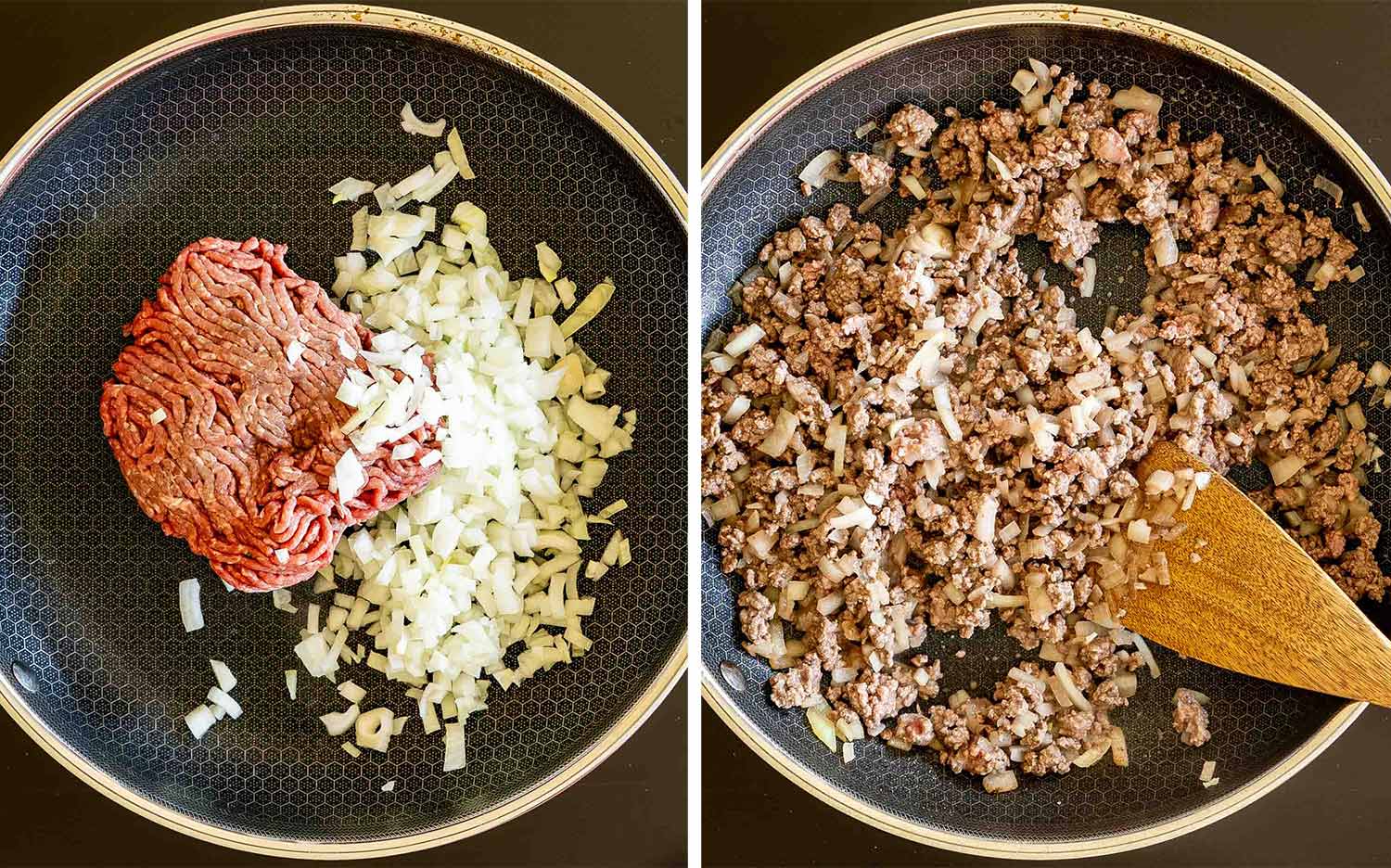 Skillet process showing raw ground beef and chopped onion, followed by the mixture browned and crumbled with a wooden spoon.