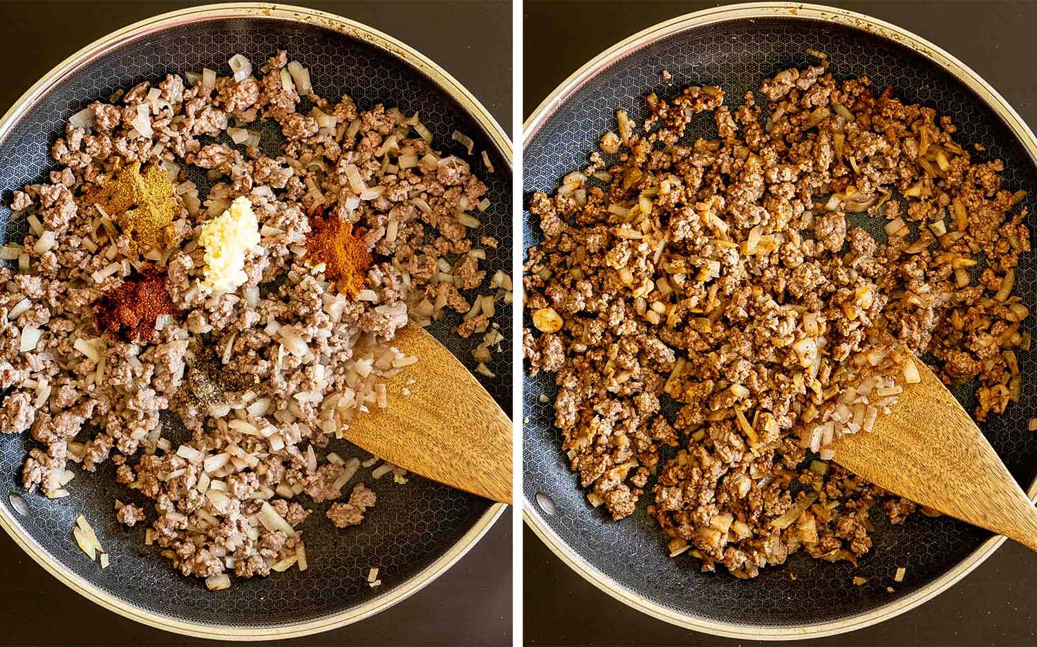 Skillet process showing garlic and spices added to browned beef and onions, then stirred together until evenly seasoned.