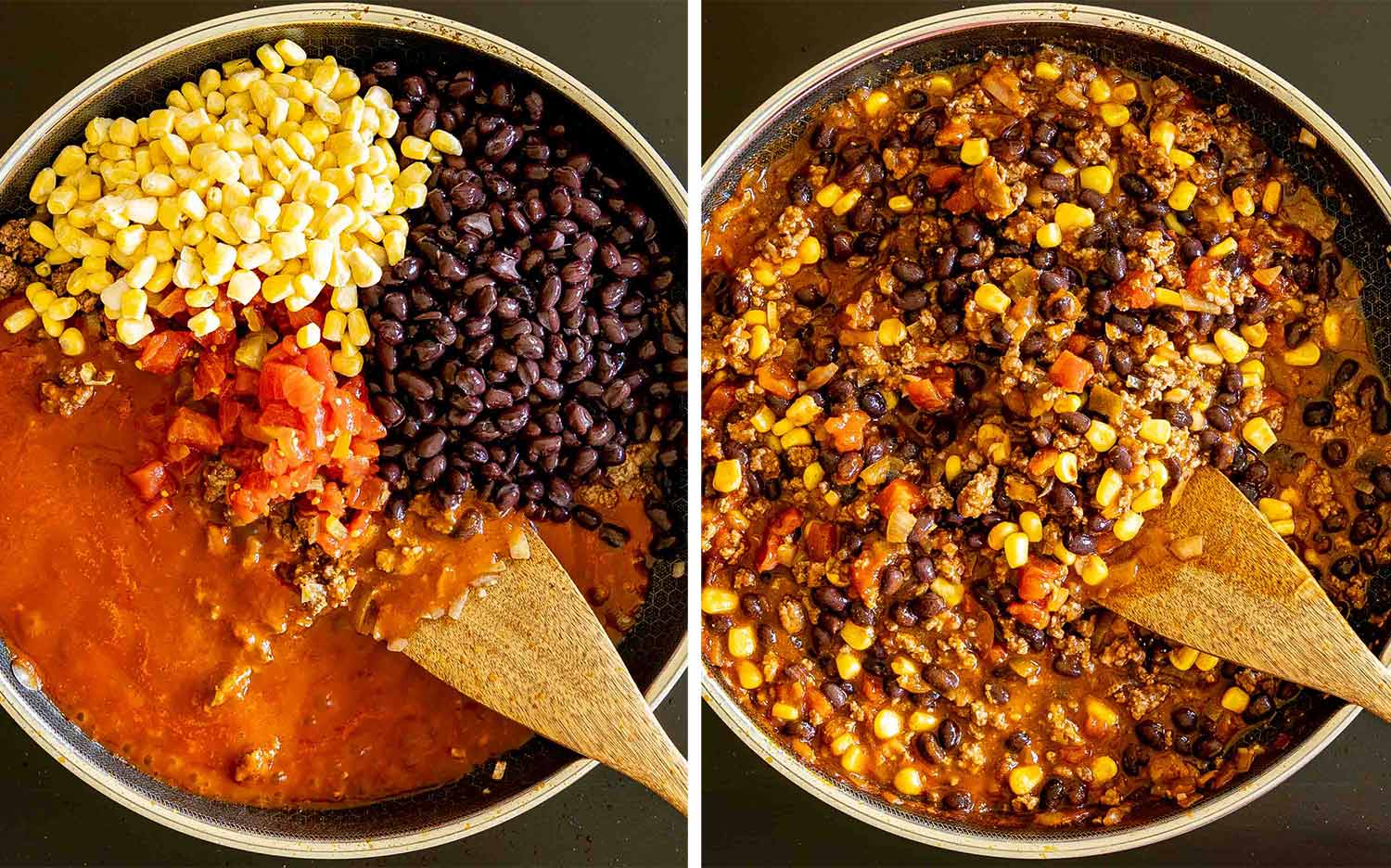 Skillet process showing corn, black beans, tomatoes, and enchilada sauce added to seasoned beef, then stirred together until saucy.