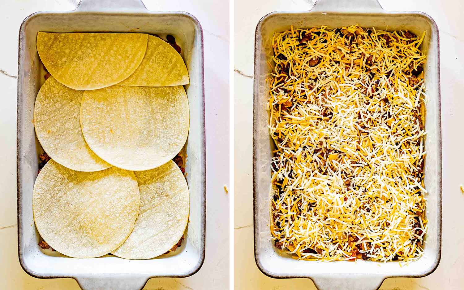 Overhead process showing overlapping tortillas covering the beef mixture, followed by another filling layer topped generously with shredded cheese.