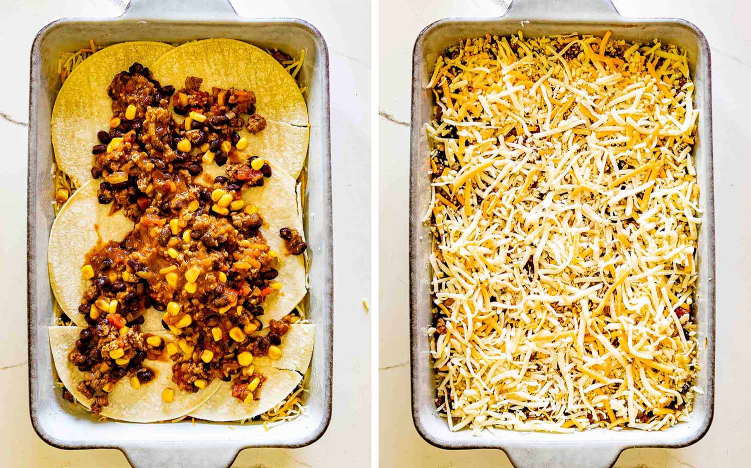 Overhead process showing tortillas topped with beef, black beans, and corn, followed by a generous layer of shredded cheese.