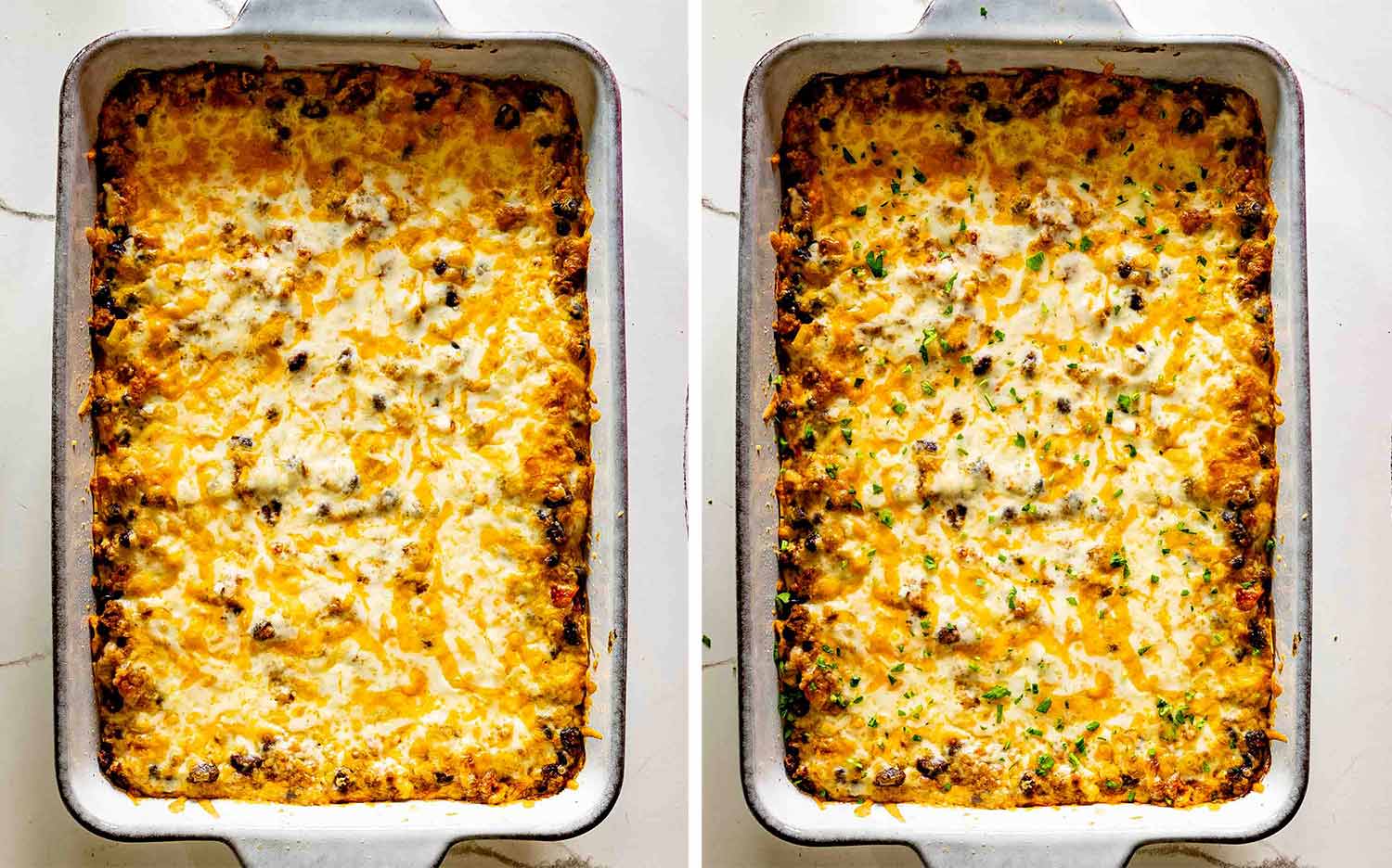 Overhead before-and-after views of baked Tex-Mex beef enchilada casserole, first plain and then garnished with fresh cilantro.