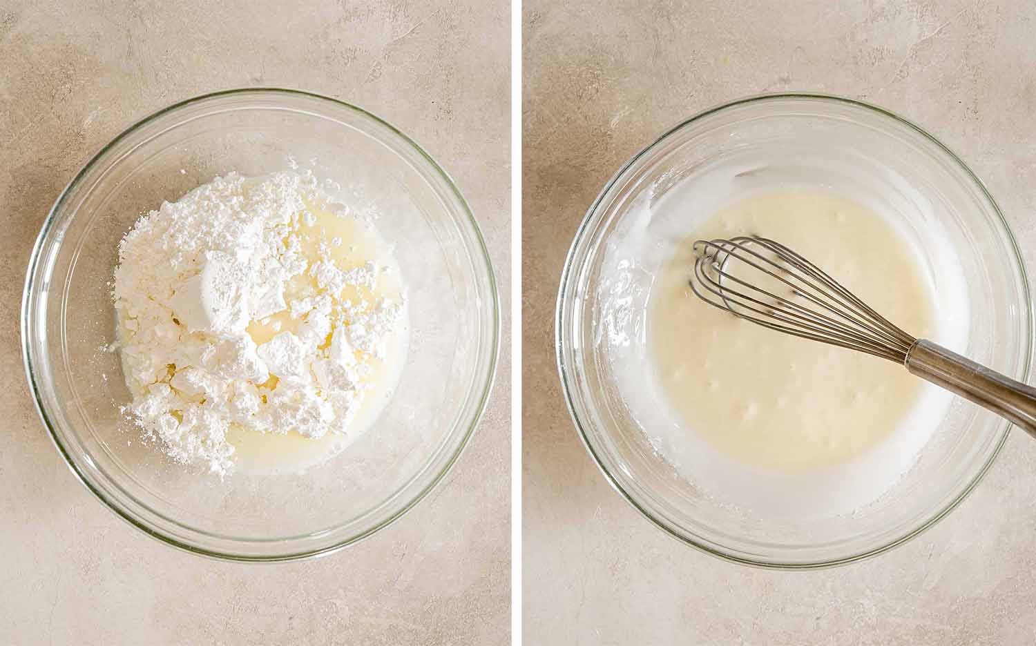 Powdered sugar and milk combined in a glass bowl, then whisked together into a smooth white glaze.