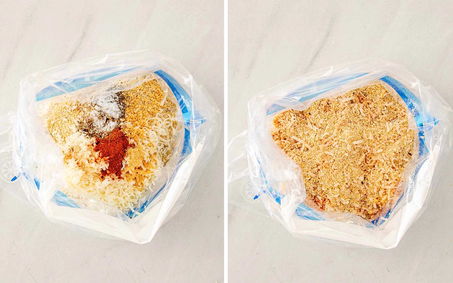 Homemade shake-and-bake ingredients combined in a zip-top bag before mixing into a flavorful seasoned breadcrumb coating for chicken.