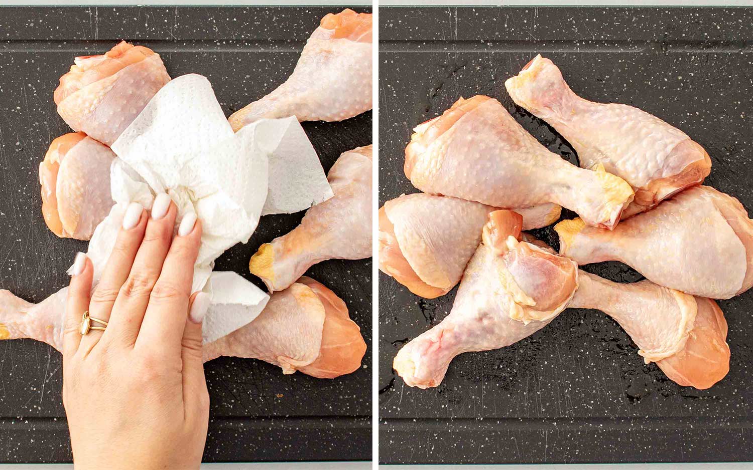 Patting chicken dry with paper towels before coating, followed by seasoned drumsticks ready for homemade shake-and-bake breading mixture.