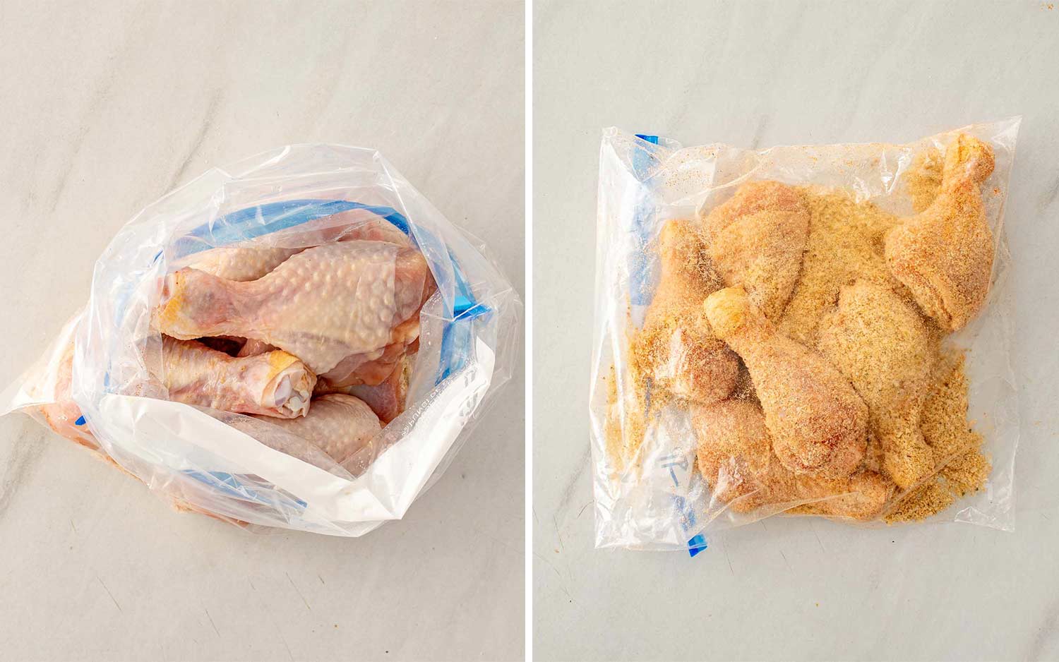 Raw chicken drumsticks placed in a zip-top bag before seasoning beside fully coated chicken covered in homemade shake-and-bake mixture.